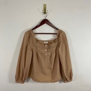Ana Tan Cropped Boxy Fit Blouse Square Neckline Islet Details Small Prairie Boho
